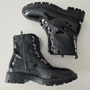DKNY Glossy Black Boots with Purple Accents